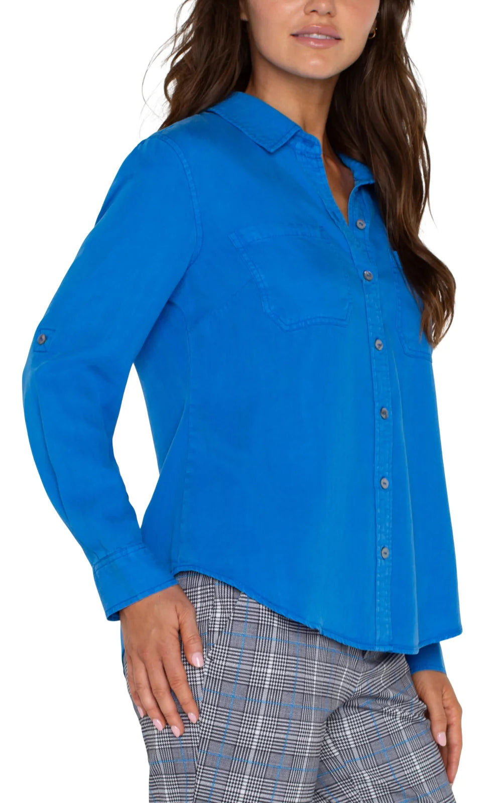 Stylish Liverpool Topaz Button Down Woven Shirt in vibrant blue, perfect for coastal boutique clothing and tropical vacation dresses.
