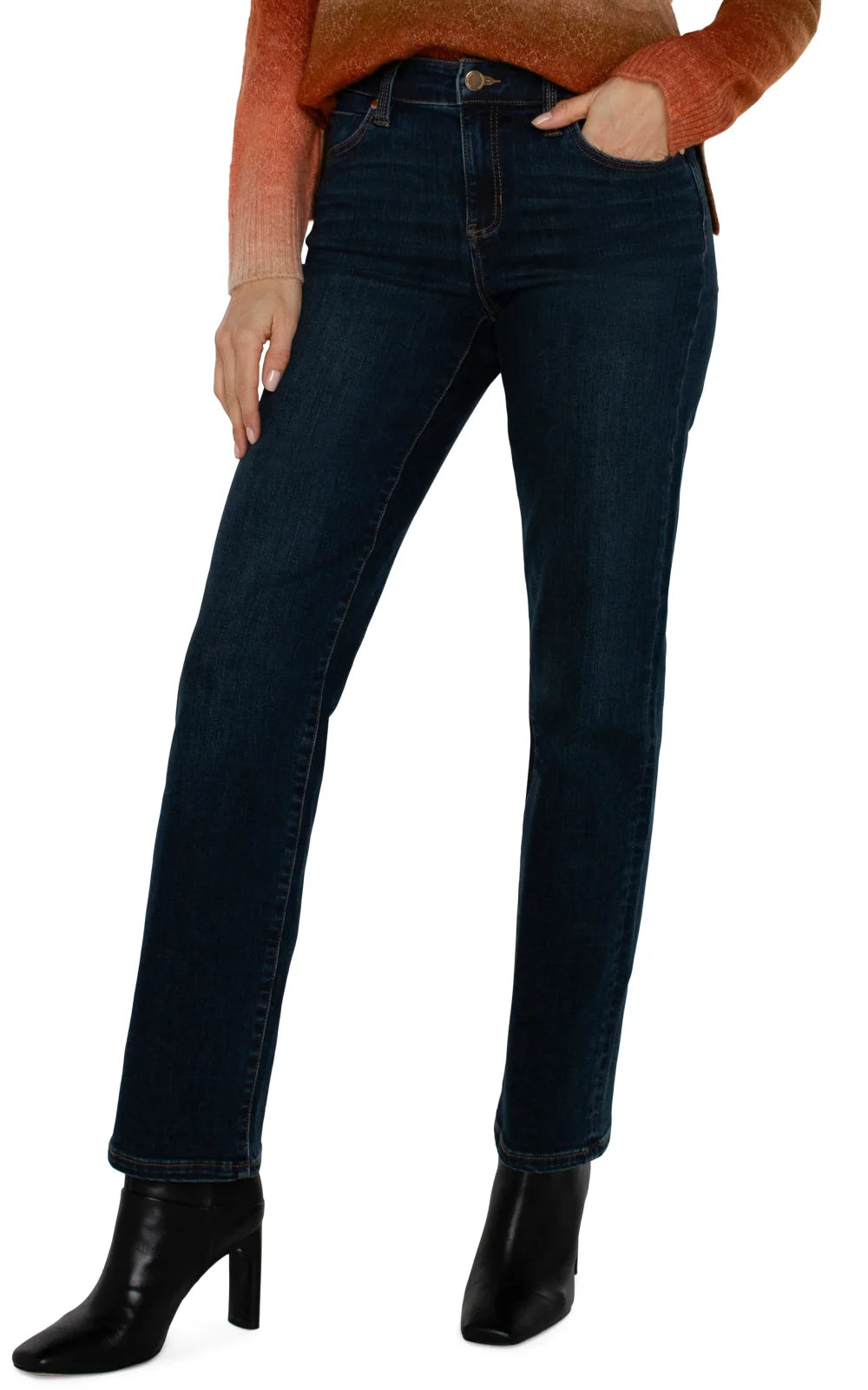 Liverpool Kennedy Straight Jean in San Dimas Wash, perfect for stylish women’s bottoms from a coastal boutique clothing collection.