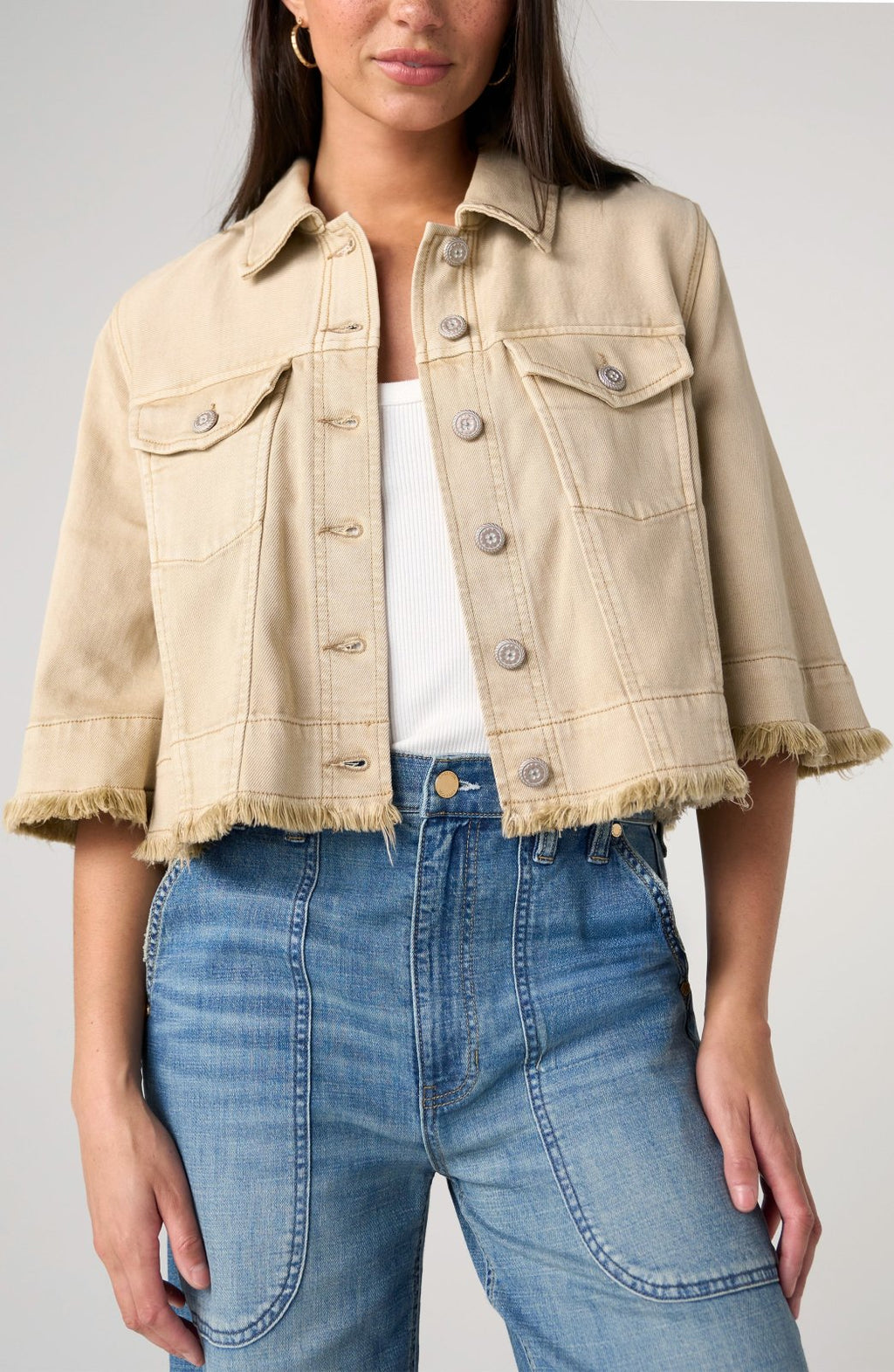 LP -3/4 Sleeve Frayed Flounce Jacket -Khaki