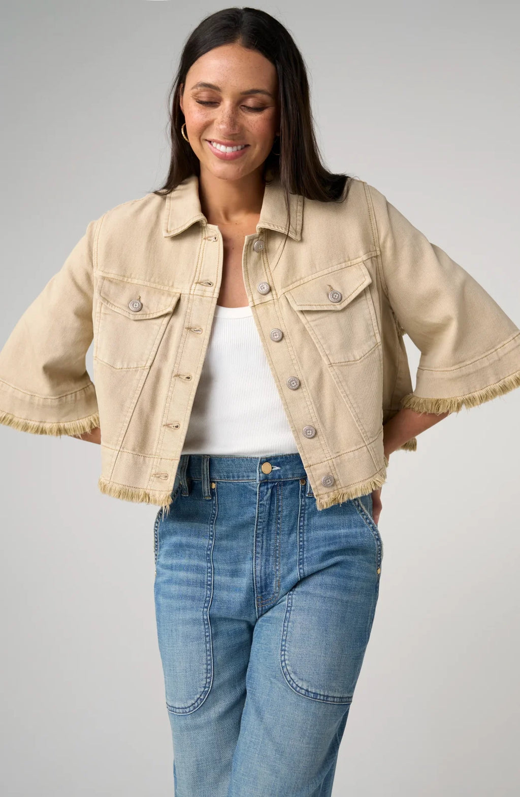 LP -3/4 Sleeve Frayed Flounce Jacket -Khaki