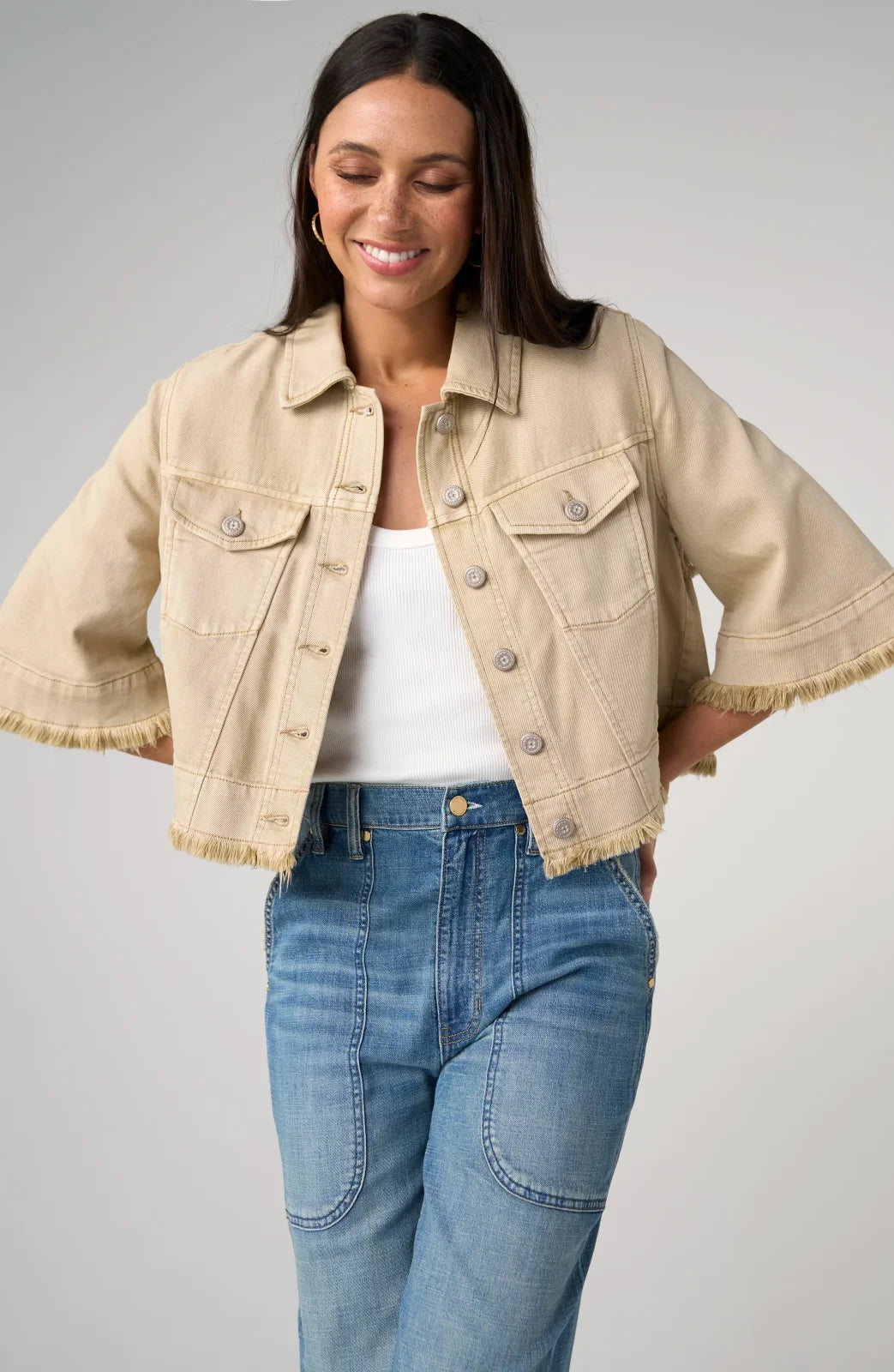 LP -3/4 Sleeve Frayed Flounce Jacket -Khaki