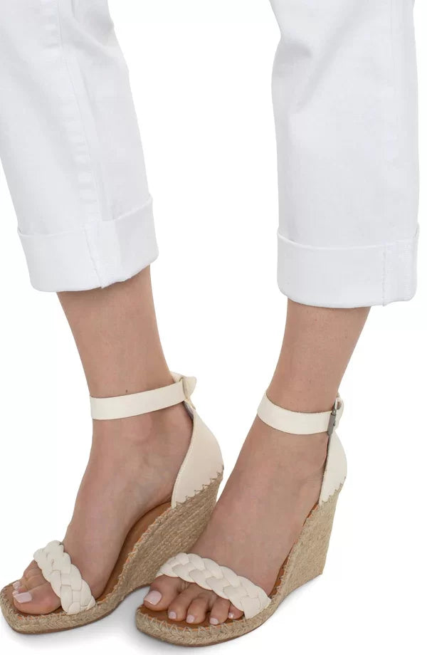 Liverpool White Charlie Crop Cuffed Jeans paired with trendy boutique wedges for a stylish summer outfit in Texas.