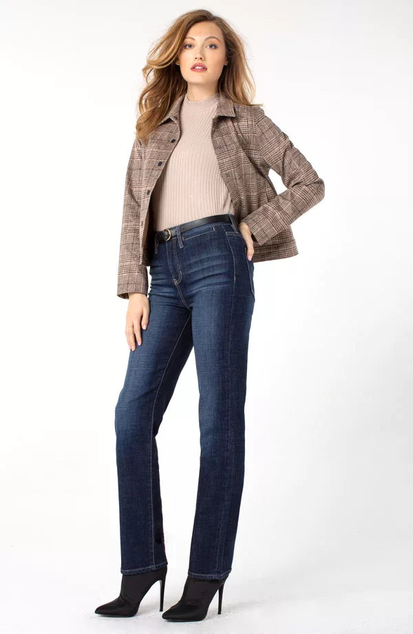 Model showcasing LP KENNEDY STRAIGHT HI-RISE WITH WELT POCKETS paired with stylish outerwear and heels.