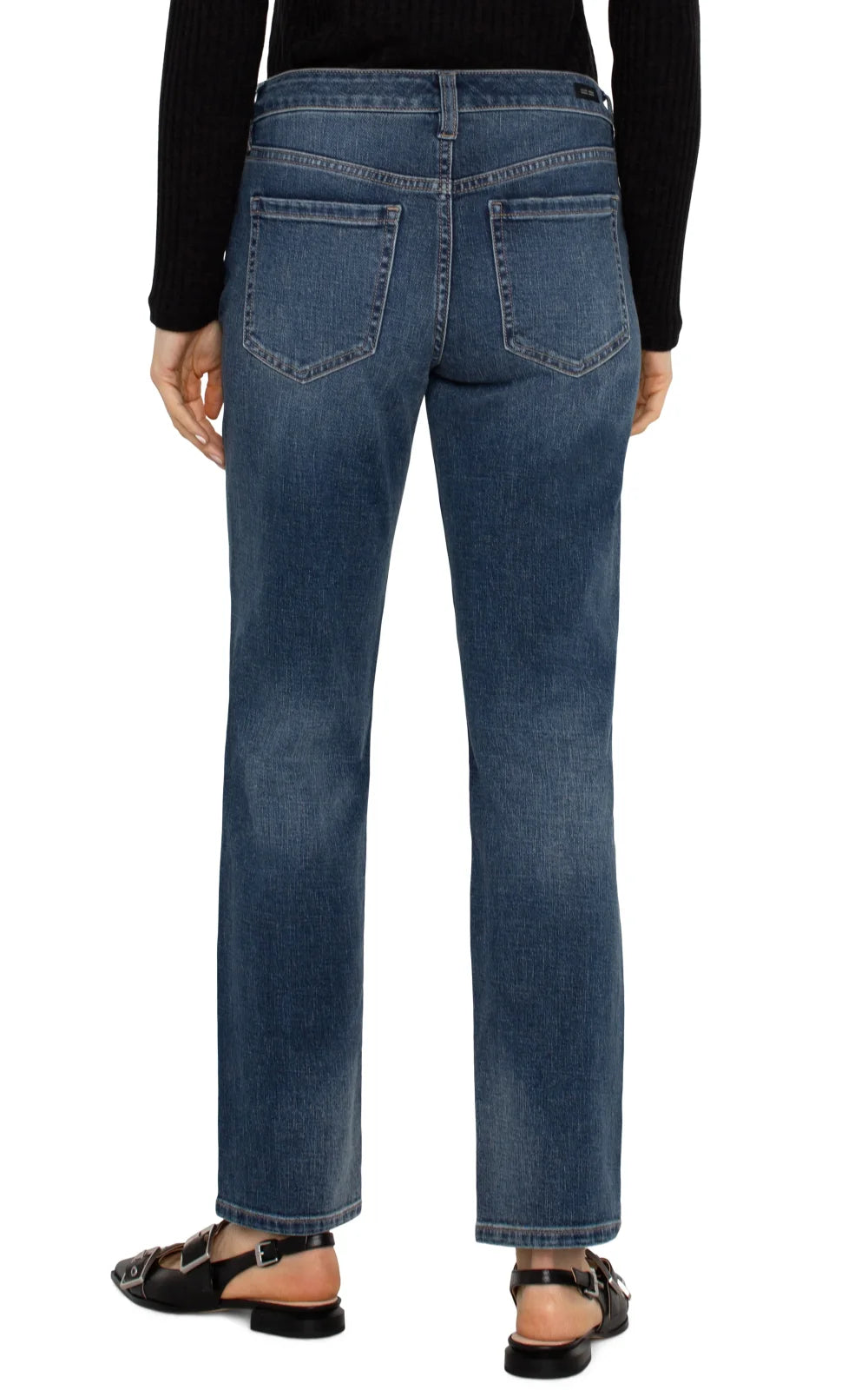 Back view of Liverpool Kennedy Straight Leg Jean, showcasing mid-rise design, perfect for coastal boutique clothing style.