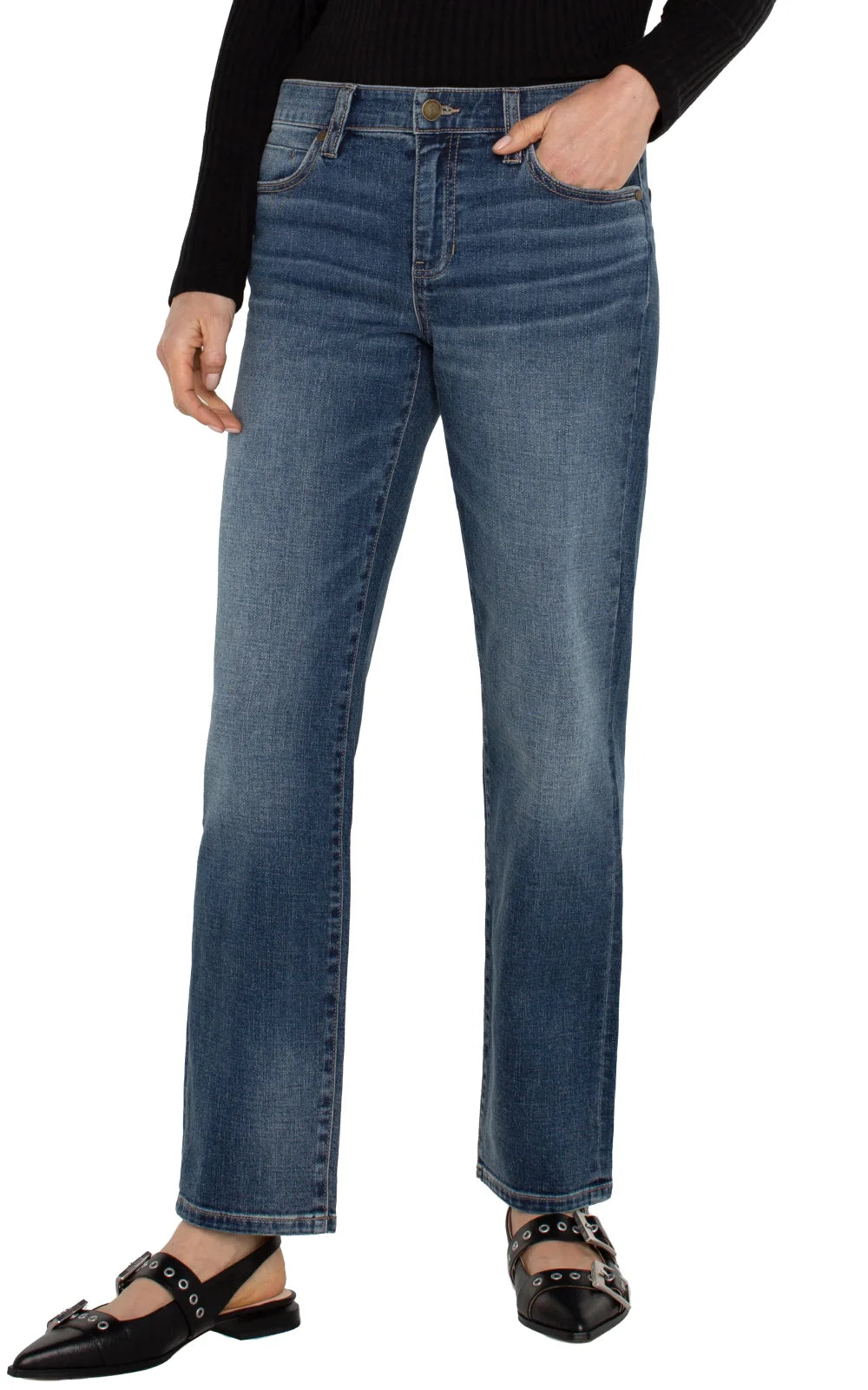 Liverpool Kennedy straight leg jeans, mid-rise, styled with chic shoes, ideal for coastal boutique clothing and women's fashion.