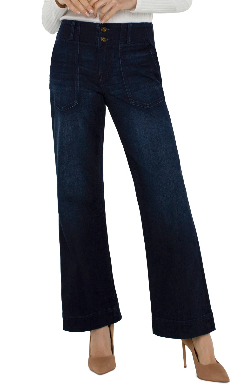 Stylish Liverpool Patch Pocket Wide Leg Trousers in dark wash, perfect for curvy plus size fashion at coastal boutiques.