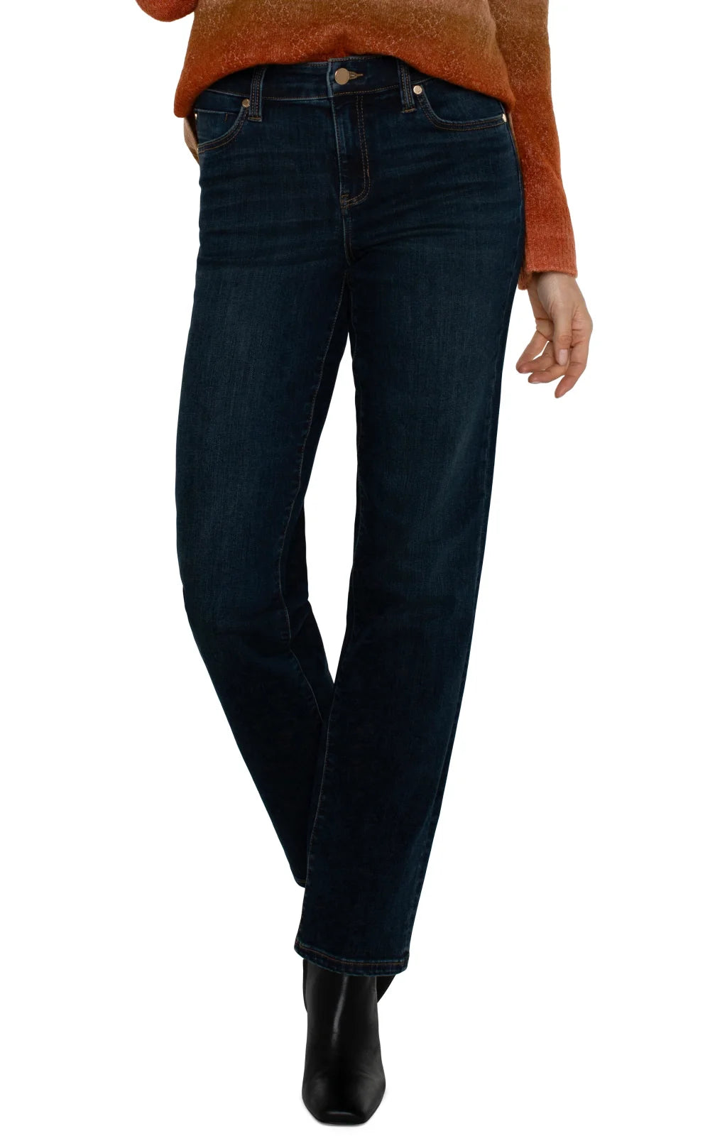 Liverpool Kennedy Straight Jean in San Dimas Wash, perfect for coastal boutique clothing and curvy plus size fashion.