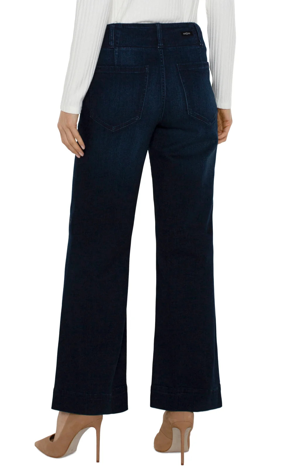 Back view of Liverpool Patch PKT Wide Leg Trouser in dark denim, perfect for coastal boutique clothing and women’s bottoms.
