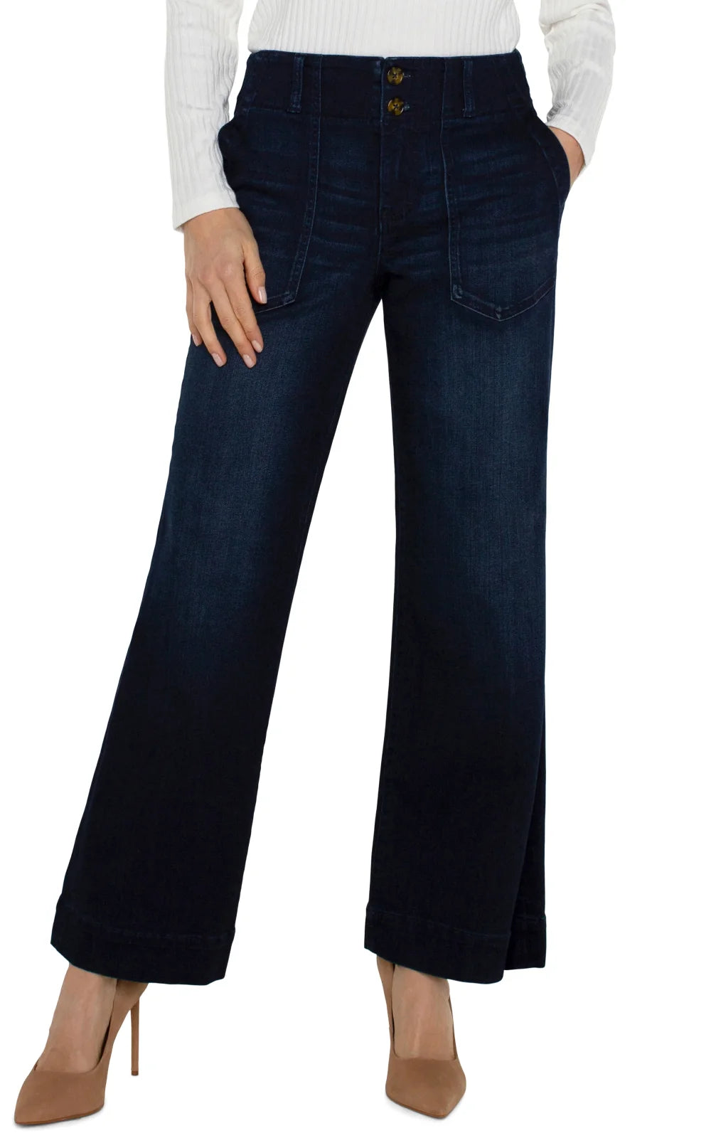 Liverpool patch pocket wide leg trousers in dark denim, perfect for coastal boutique clothing and stylish women's bottoms.
