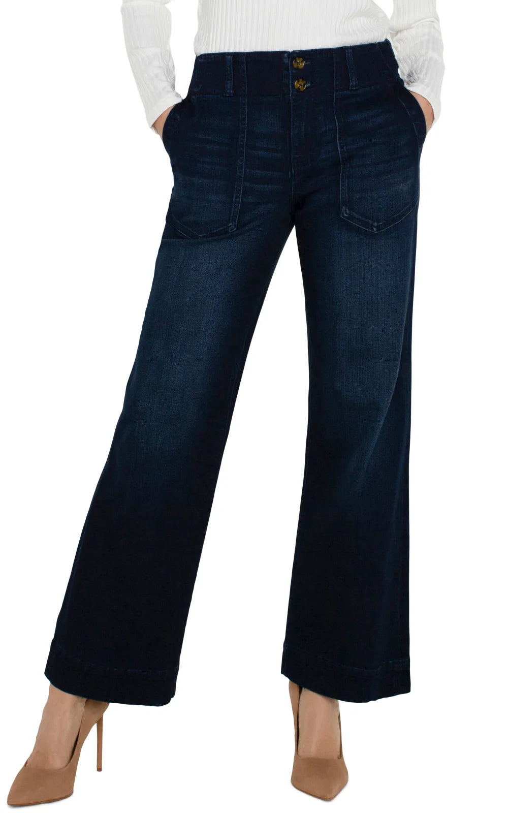Liverpool wide leg trousers in dark wash, perfect for coastal boutique clothing and curvy plus size fashion.