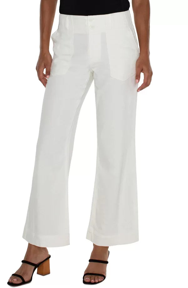 Liverpool Hannah Crop Flare in Soft White showcased with a trendy coastal style at Raggdoll Boutique.