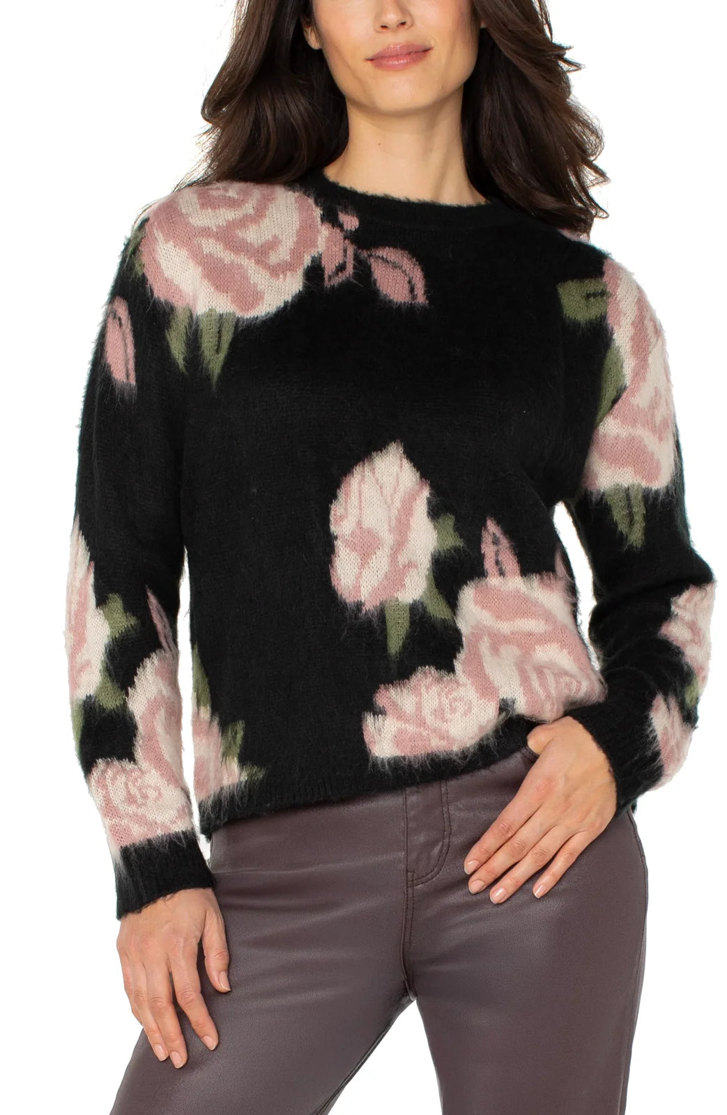Black Floral Crew Neck Drop Shoulder Sweater