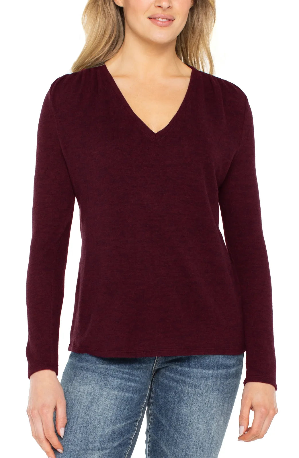 Long Sleeve V-neck Knit Top W/ Shirring in Java Melange
