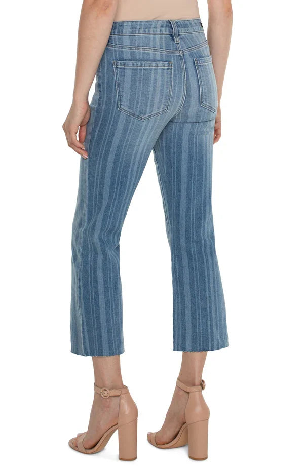 Liverpool Hannah Cropped Denim Flare in Bayard Stripe; stylish women's bottoms for coastal boutique clothing.