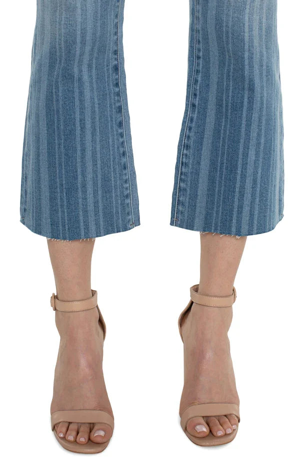Liverpool Hannah Cropped Denim Flare in Bayard Stripe, paired with stylish heels, perfect for coastal boutique clothing.