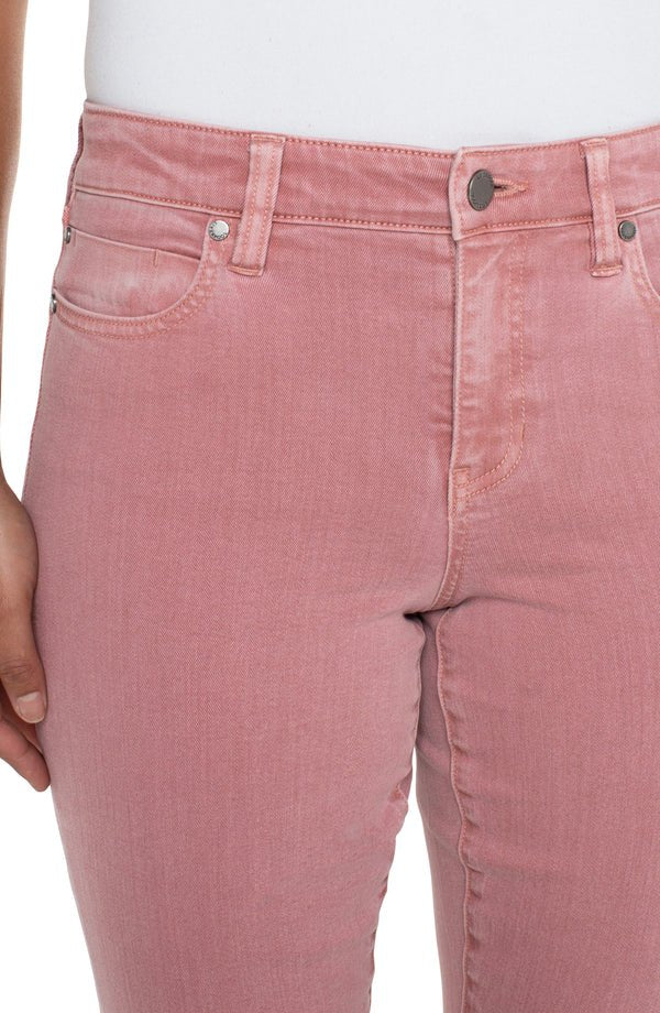 LIVERPOOL KENNEDY CROP STRAIGHT WITH FRAY HEM-ANTIQUE ROSE displayed on a model in antique rose color.