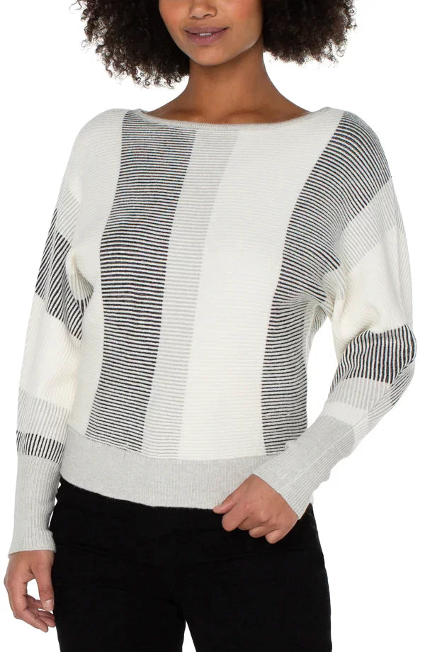 LIVERPOOL BOAT NECK DOLMAN SWEATER-CREAM BLACK showcasing trendy coastal style, perfect for summer outfits Texas at Raggdoll Boutique.