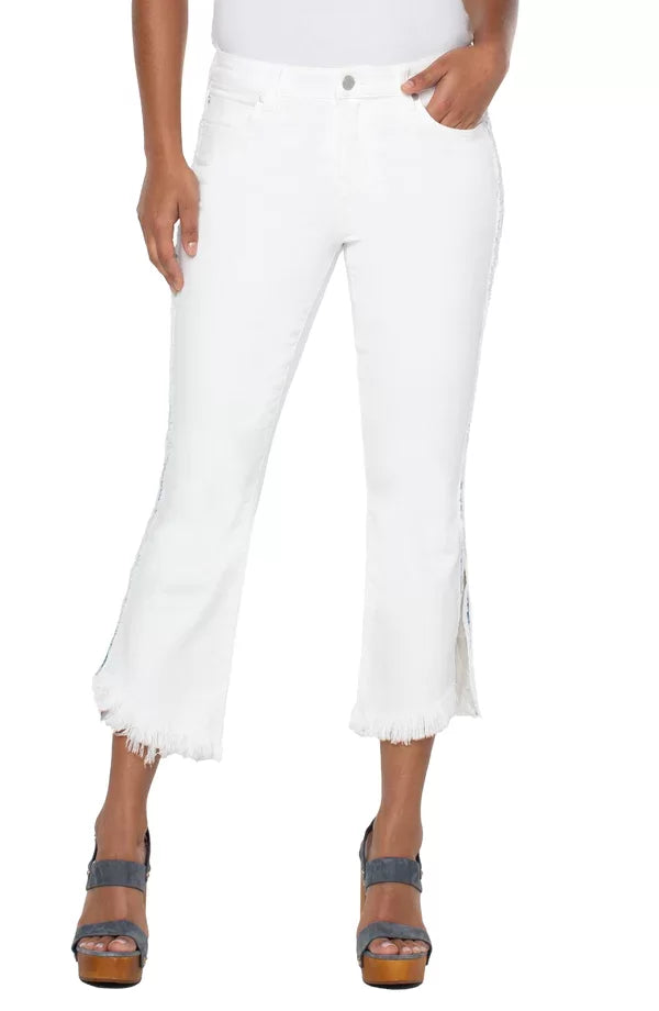 LIVERPOOL HANNAH WHITE CROP FLARE WITH DENIM DETAIL, featured at Raggdoll Boutique, perfect for stylish summer outfits.