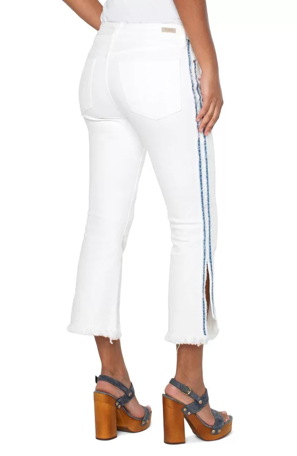 LIVERPOOL HANNAH WHITE CROP FLARE WITH DENIM DETAIL rear view showing side slit and denim detail, perfect for coastal fashion.
