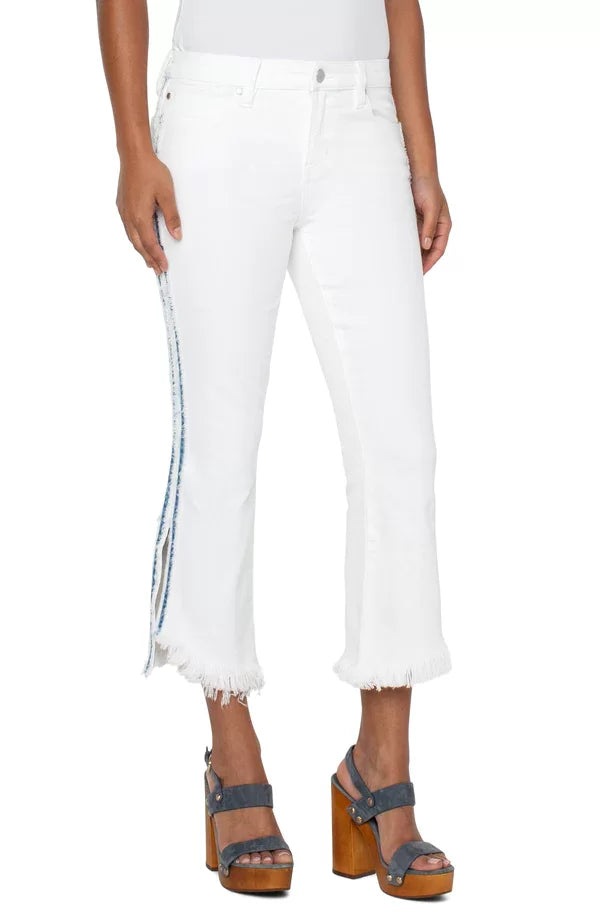 LIVERPOOL HANNAH WHITE CROP FLARE WITH DENIM DETAIL featuring shredded side seam, perfect for trendy coastal style.