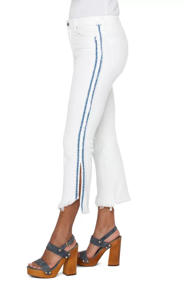 LIVERPOOL HANNAH WHITE CROP FLARE WITH DENIM DETAIL showcasing cropped flare jeans with a side slit and shredded denim detail.