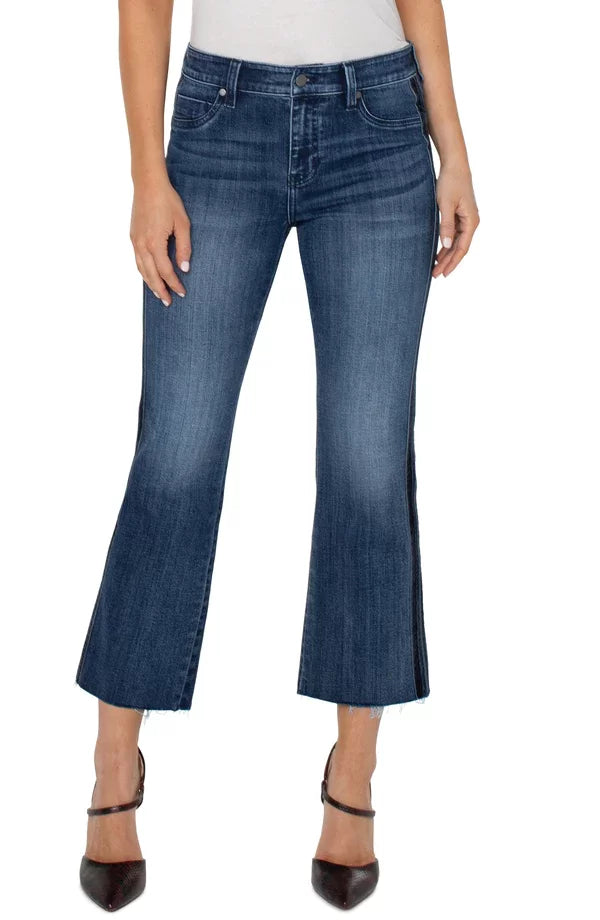 LIVERPOOL HANNAH CROP FLARE WITH NAVY VELVET DETAIL showcased at Raggdoll Boutique, ideal for trendy coastal style.