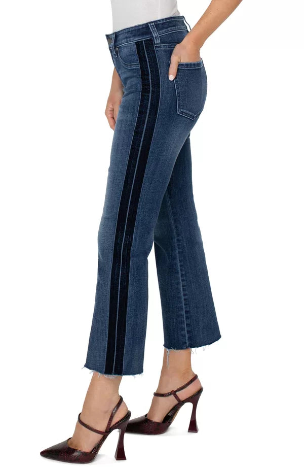 LIVERPOOL HANNAH CROP FLARE WITH NAVY VELVET DETAIL showcased at Raggdoll Boutique, perfect for coastal fashion.