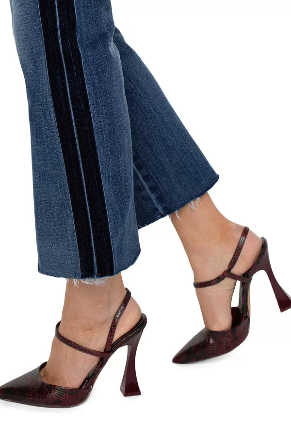 LIVERPOOL HANNAH CROP FLARE WITH NAVY VELVET DETAIL paired with chic strappy high heels from Raggdoll Boutique.