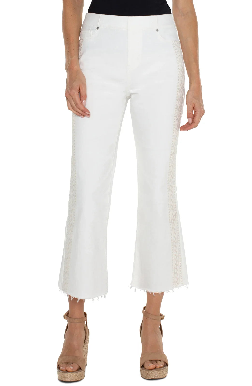 Liverpool Chloe Crop White Flare with Tan Embroidery Detail on Leg, trendy coastal style at Raggdoll Boutique.
