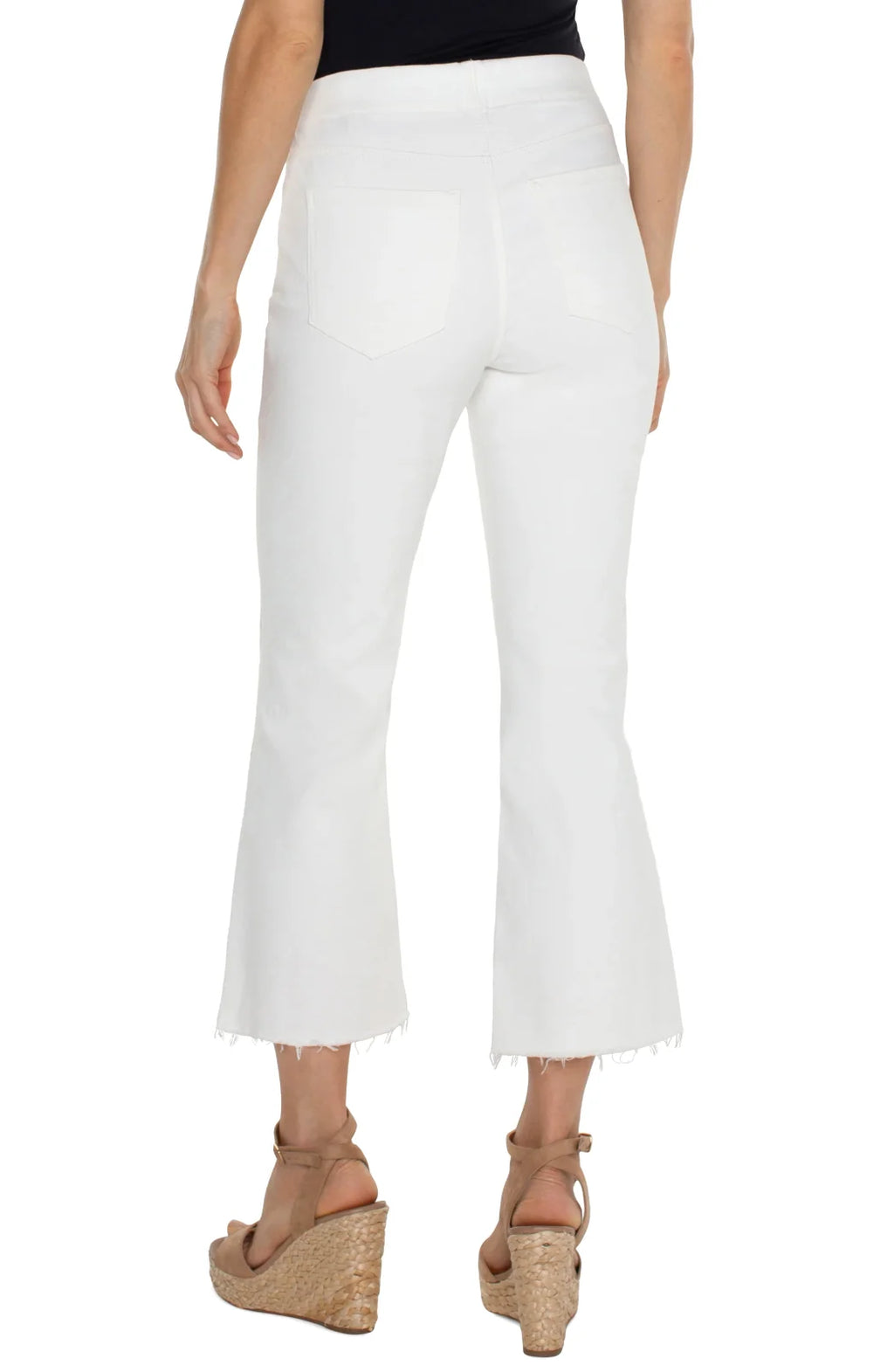 Liverpool Chloe Crop White Flare with Tan Embroidery Detail on Leg back view, perfect for trendy coastal style from Raggdoll Boutique.