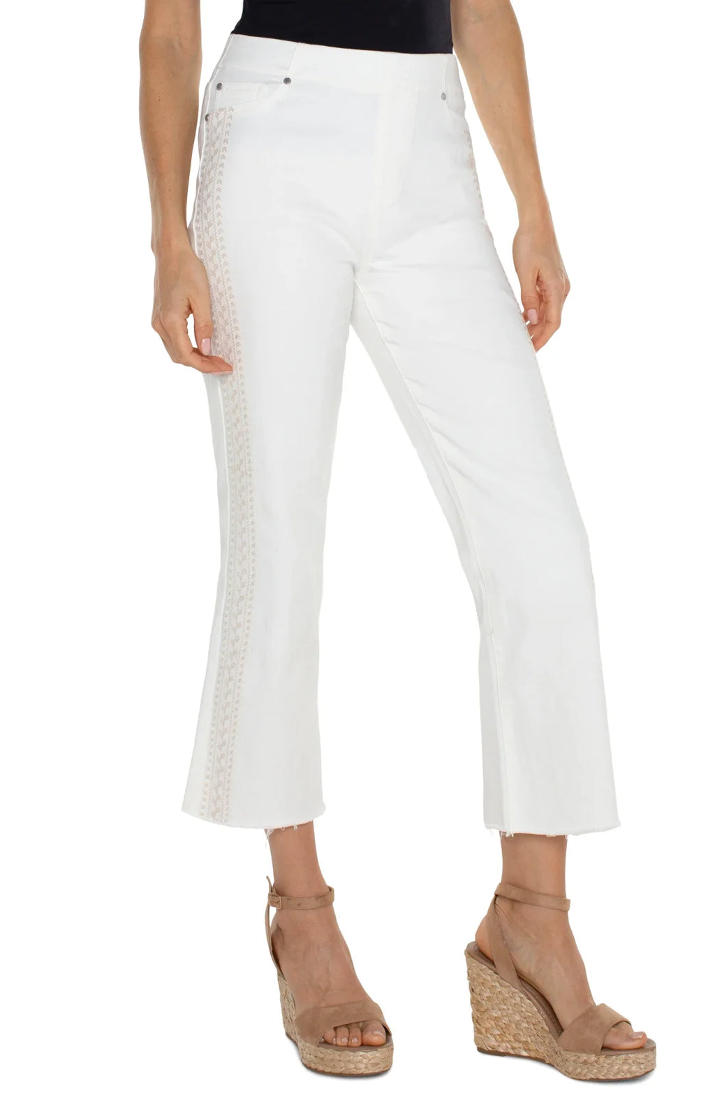 Liverpool Chloe Crop White Flare with Tan Embroidery Detail on Leg, coastal fashion boutique, trendy summer outfit