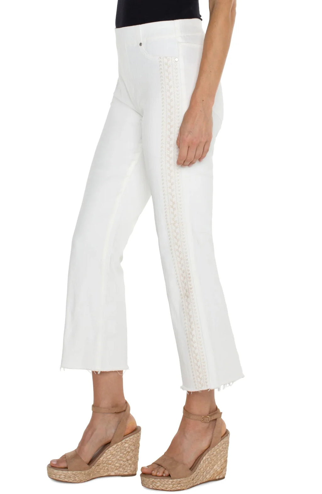 Liverpool Chloe Crop White Flare with Tan Embroidery Detail on Leg from Raggdoll Boutique, perfect for a trendy coastal style.
