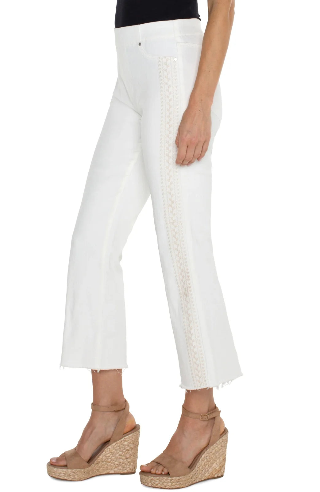 Liverpool Chloe Crop White Flare with Tan Embroidery Detail on Leg from Raggdoll Boutique, perfect for a trendy coastal style.