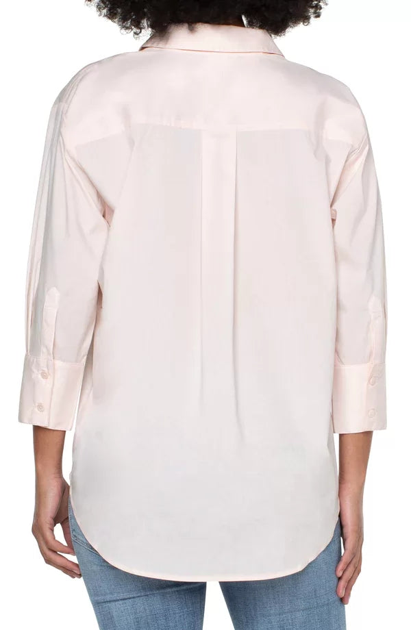 LIVERPOOL LIGHT PINK OVER SIZE BUTTON DOWN TOP back view showcasing trendy coastal style from Raggdoll Boutique.