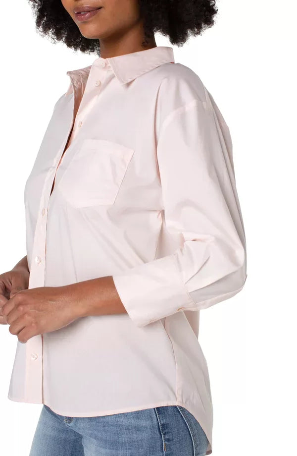 LIVERPOOL LIGHT PINK OVER SIZE BUTTON DOWN TOP featuring a stylish design, perfect for trendy coastal style at Raggdoll Boutique.