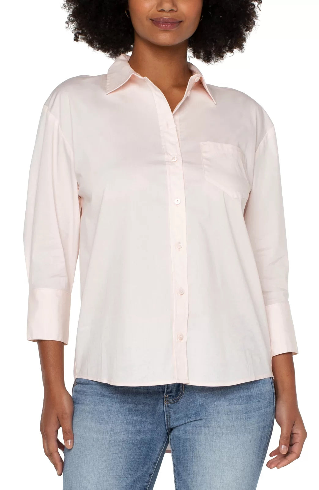 LIVERPOOL LIGHT PINK OVER SIZE BUTTON DOWN TOP modeled with jeans, trendy coastal style from Raggdoll Boutique.