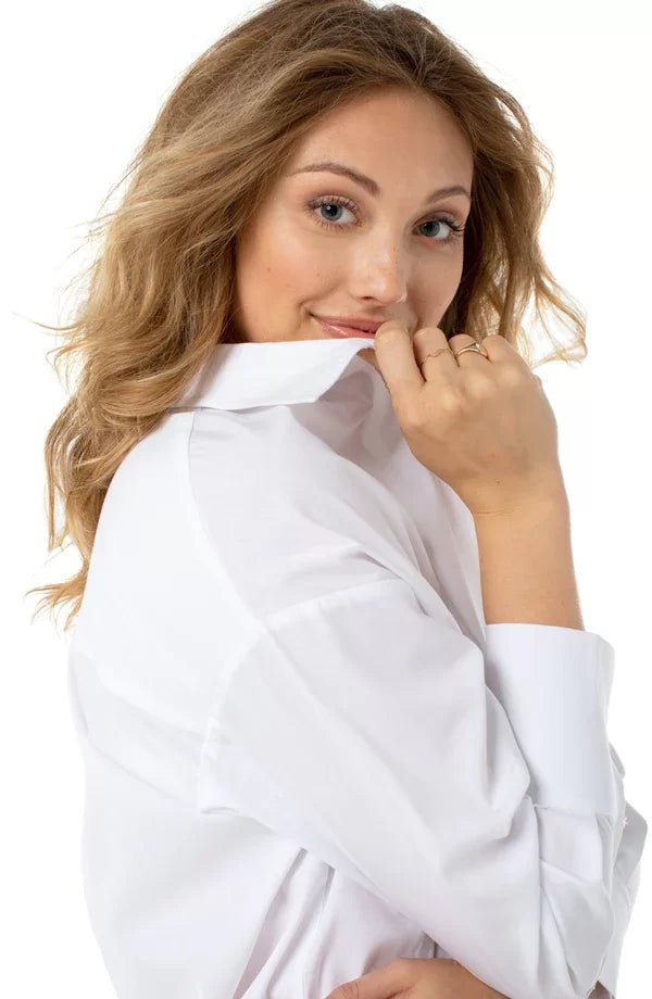 LP Classic White Button Down Shirt model showcasing trendy coastal style at Raggdoll Boutique.