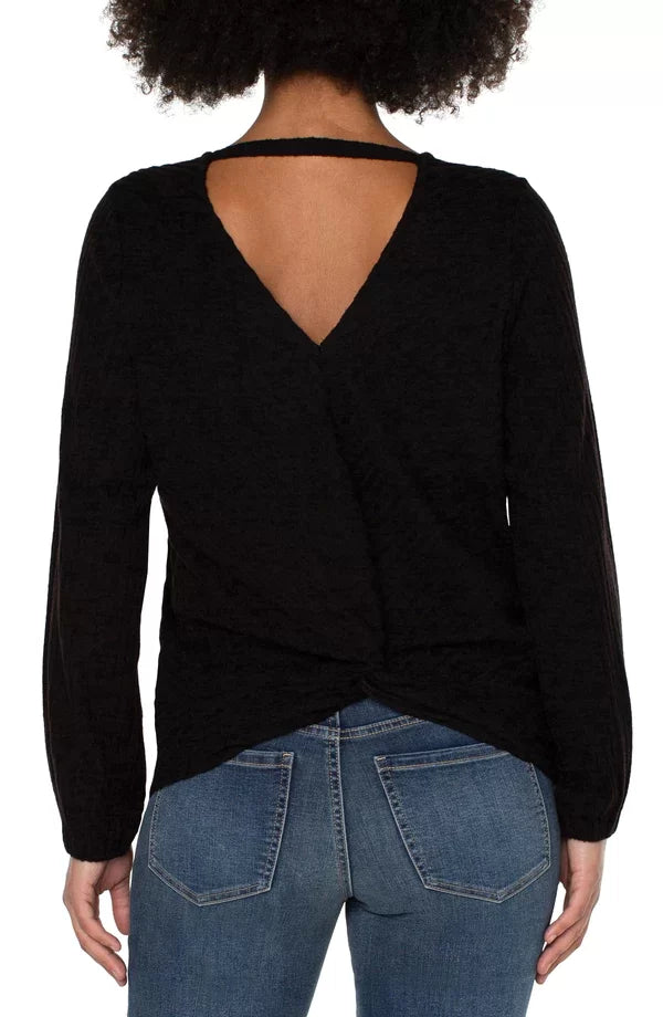 LIVERPOOL TWIST BACK LONG SLEEVE KNIT-BLACK showcased from the back, ideal for stylish summer outfits Texas.
