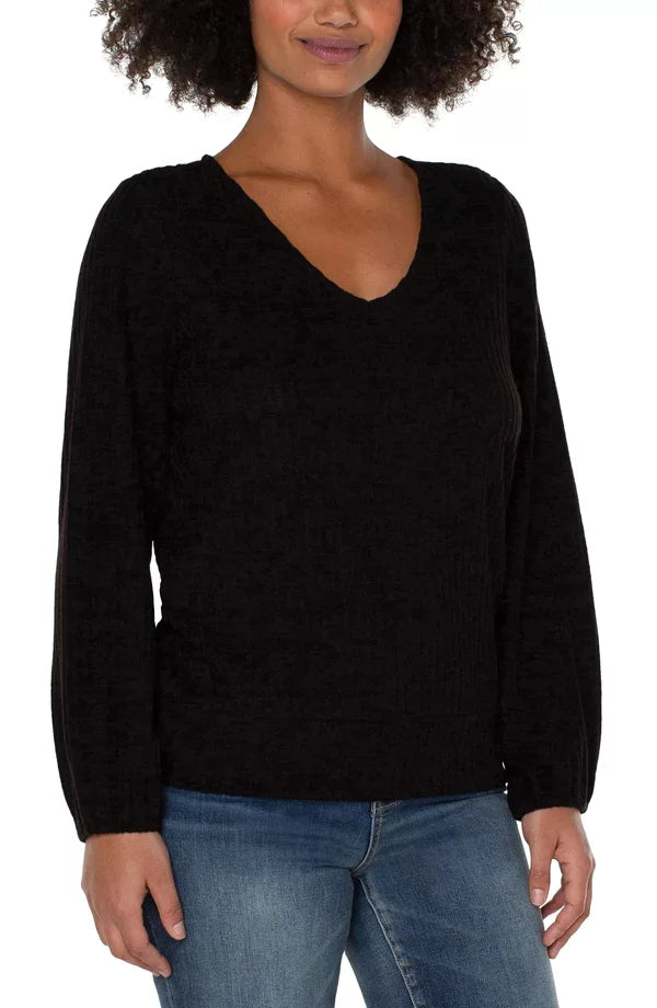 LIVERPOOL TWIST BACK LONG SLEEVE KNIT-BLACK showcased at Raggdoll Boutique, perfect for trendy coastal style.