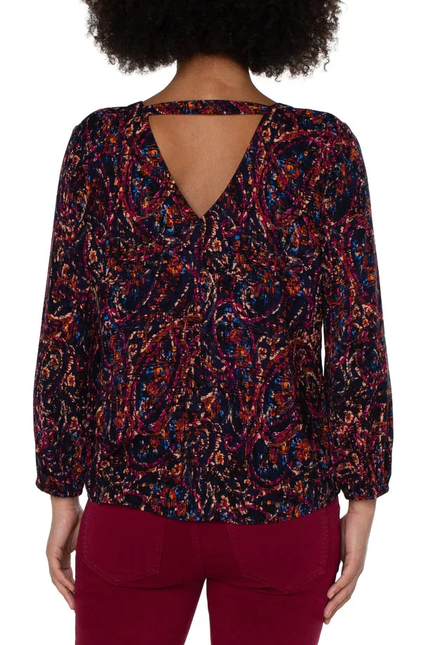 LIVERPOOL BATIK NAVY TOP W/BACK DETAIL showcasing vibrant print and stylish back design, perfect for trendy coastal style.