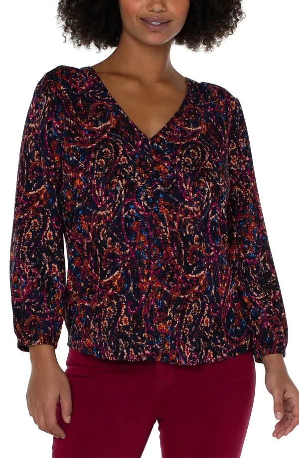 LIVERPOOL BATIK NAVY TOP W/BACK DETAIL worn by model, vibrant design, perfect for coastal fashion and vacation outfits.