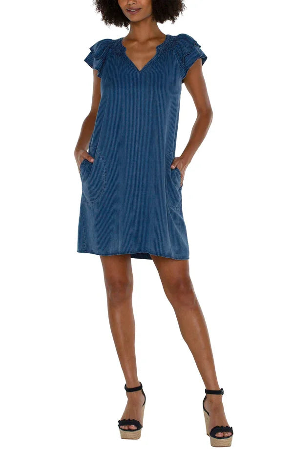 LIVERPOOL CAP SLEEVE RAGLAN DRESS (INDIGO) styled with boutique shoes, perfect for summer outfits Texas from Raggdoll Boutique.