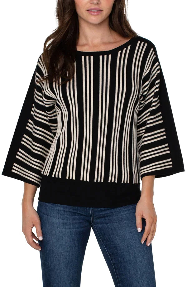 LIVERPOOL 3/4 DOLMAN SLEEVE SWEATER-BLK ECRU STRIPE displayed on model, styled with jeans, from Raggdoll Boutique.