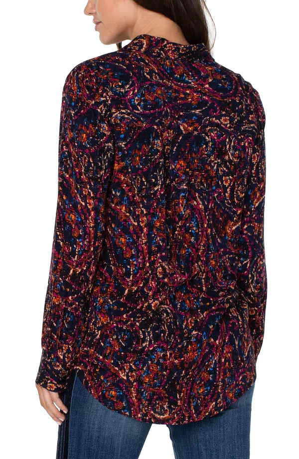LIVERPOOL NAVY BATIK BUTTON UP TOP back view, stylish women's clothing from Raggdoll Boutique for trendy coastal style.