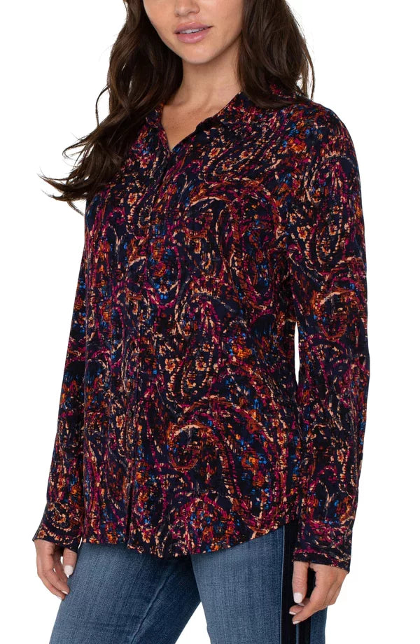 LIVERPOOL NAVY BATIK BUTTON UP TOP displayed on a model, stylish and trendy coastal fashion from Raggdoll Boutique.