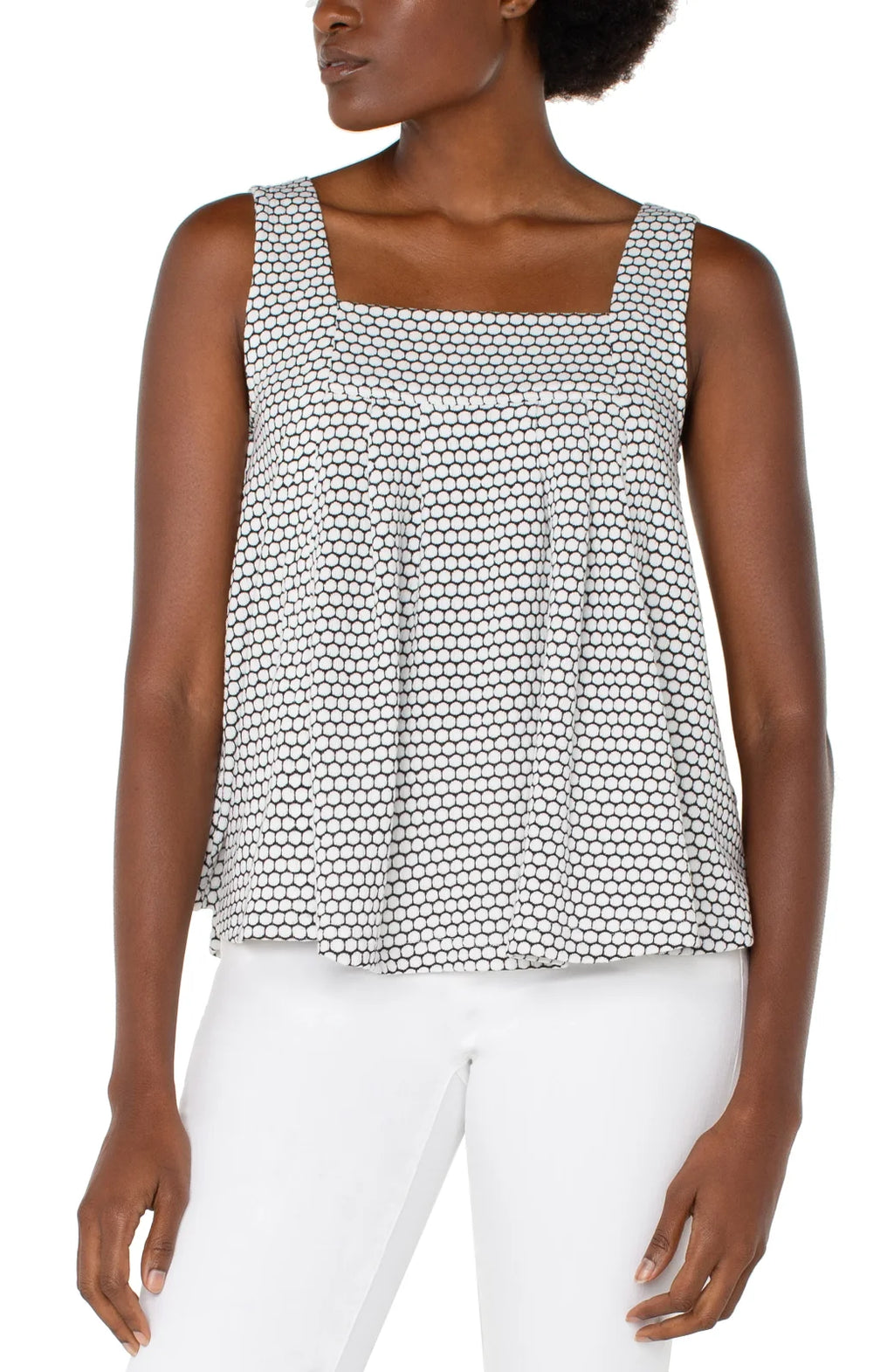 Stylish LP sleeveless square neck top in black and white geometric print, perfect for coastal boutique clothing.