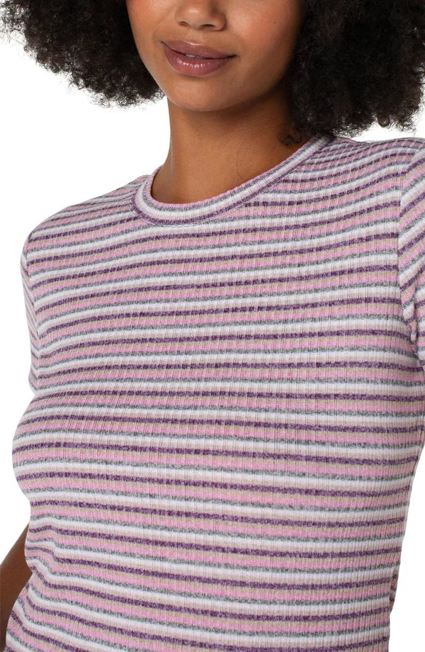 LIVERPOOL MULTI-STRIPE CREW KNIT TEE worn by model, showcasing trendy coastal style from Raggdoll Boutique.