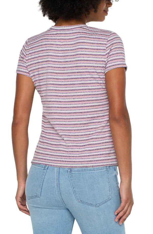 Back view of LIVERPOOL MULTI-STRIPE CREW KNIT TEE, perfect for coastal fashion, short sleeve and slim fit.