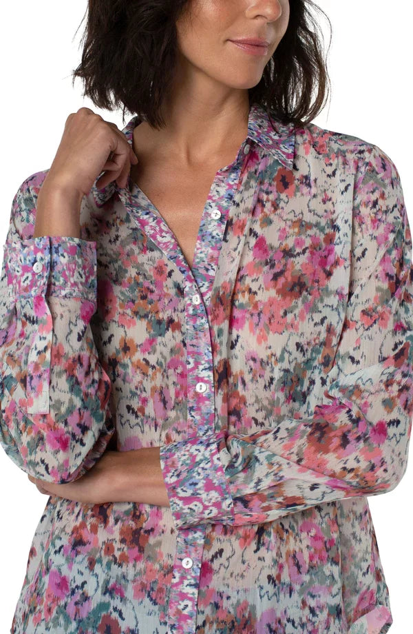 LIVERPOOL PAINTED FLORAL BUTTON FRONT TOP model showcasing trendy coastal style at Raggdoll Boutique.