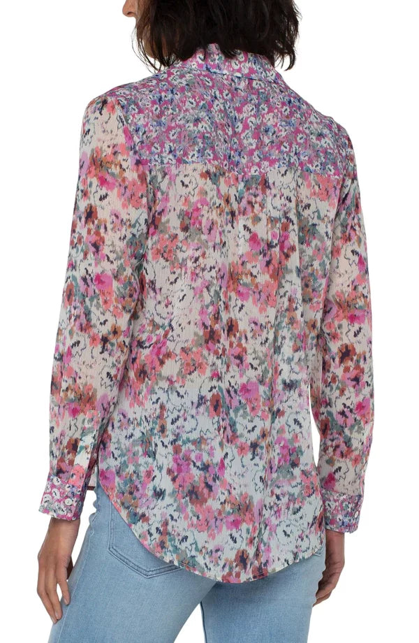 LIVERPOOL PAINTED FLORAL BUTTON FRONT TOP back view, vibrant floral design, perfect for summer outfits Texas